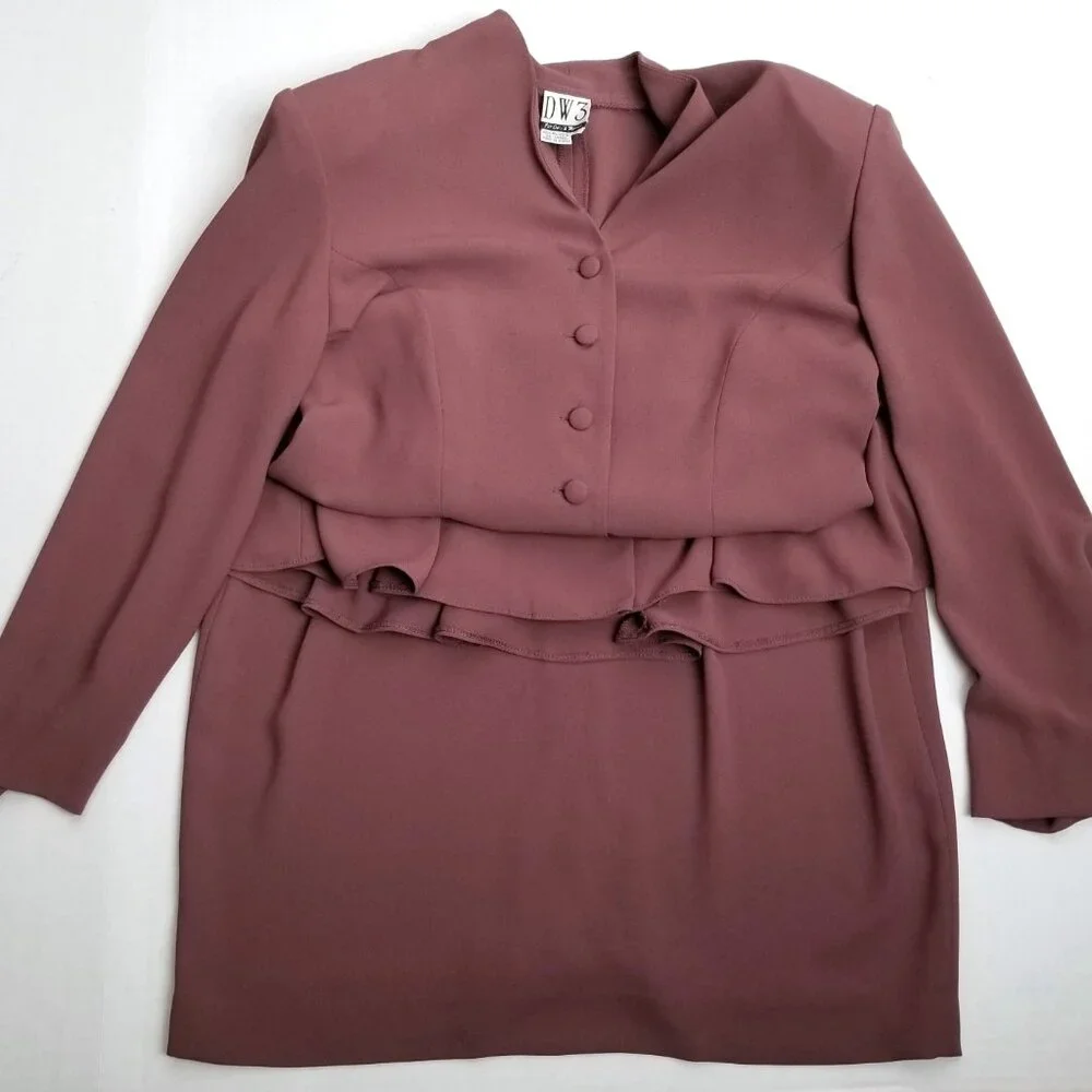 DW3 David Warren Vintage Skirt Suit Set Mauve Rose Structured Size 14
